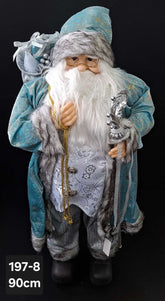 Figurină decorativă Moș Crăciun albastru cu toiag argintiu și sac de cadouri - 90cm